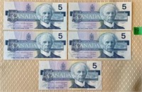 1986 Bank of Canada $5 Birds of Canada Bank Notes