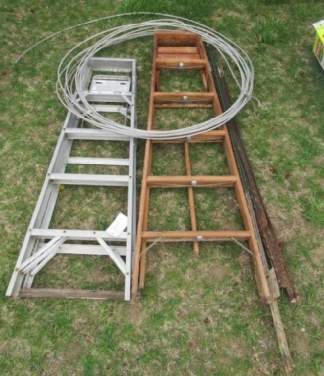 Wood 6' ladder, aluminum 5' ladder, t-post and