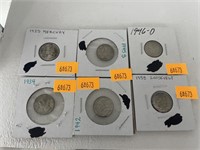 6 vintage silver dimes