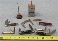 8- Pocket Knives 2-Broken & 2- Oil Cans
