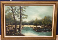 FRAMED PAINTING TREES BY A STREAM BY UNKNOWN ARTIS