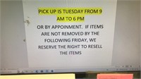 PICK UP IS TUESDAY 12/12 FROM 9 AM TO 6 PM