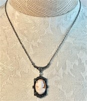 Sterling silver cameo and marcasite necklace