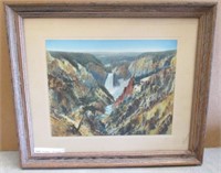 Vtg Signed Hand Colored Mountain Waterfall Scene
