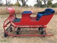 Sleigh, 2 seat, red, on dolly wheels, 80" l x 42"w