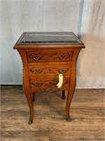 French Marquetry Inlay Marble Top Nightstand