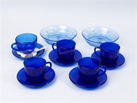 Group of Cobalt Glass Cups/Saucers and Bowls