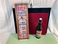 DIRTY TEQUILA BOTTLE & HELP WANTED WOOD SIGN