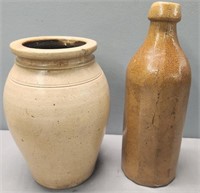 Stoneware Crock & Akron Pottery Stoneware Bottle
