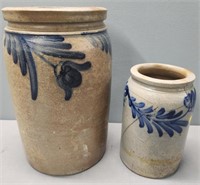 2 Antique Stoneware Crocks Blue Decor as is