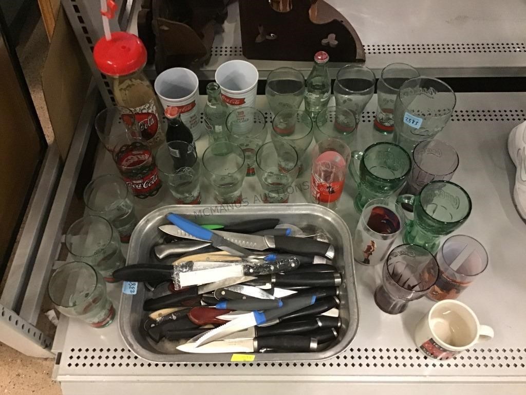 Coca-Cola glassware, assorted knives and flatware