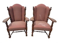 2 ACANTHUS CARVED OAK OPEN ARM CHAIRS