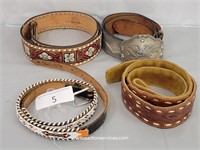 Four Leather Belts One Beaded One Buckle