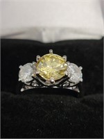 Three Stone Canary CZ Silver Ring