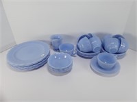 PYREX BLUE GLASS CUPS/SAUCERS & SMALL PLATES