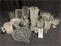 19 VTG EAPG Clear Glass Pitchers, Platters, 4