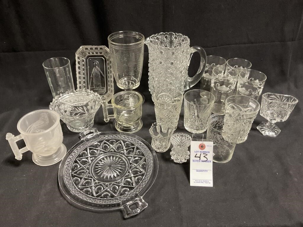 19 VTG EAPG Clear Glass Pitchers, Platters, 4