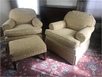 Pr. Ethan Allen Upholstered Club Chairs w Ottoman