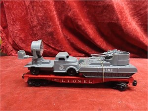 Lionel USMC tank, search light truck w/flat car.