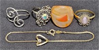 Lot of Eclectic Jewelry - 4 Rings & Stone Bracelet
