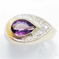 Stunning Pear Amethyst & Diamond 14k Gold Ring