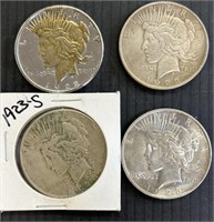 4 US Silver Peace Dollars 1922, 22-S, 23, 23-S