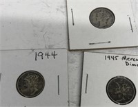 (3) Silver Mercury Dimes 1939, 1944, 1945
