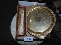 Gold Tone Serving Tray & Salad Tongs