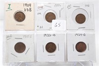 6 Early Wheat Cents (5 w/M.M.) Various Grades