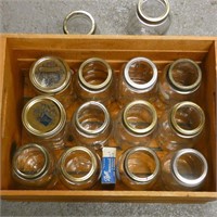 Various Mason Jars in Wooden Crate