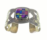 Mid Century Mexico Sterling Dichroic Glass Cuff