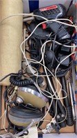 Vintage headphones, cords, tripod misc