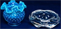Fenton Blue Opalescent Hobnail Vase & Crystal Bowl