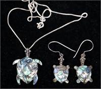 .925 Sterling Silver Turtle Necklace & Earrings