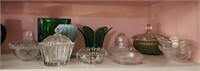 Shelf lot of misc glass dishes vases and more