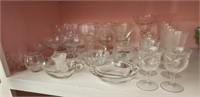 Shelf lot of misc glassware ashtrays and more