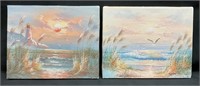 2pc Whimsical Beach Oil on Canvas Signed