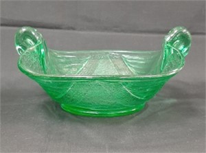 Fenton Green Uranium Glass Swan Handled Dish