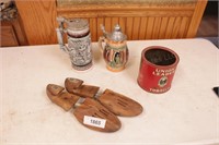 2 steins & a pair of shoe strechers & Tobacco tin