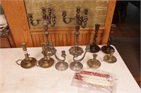 Brass, pewter, wood & Silver plate candle sticks
