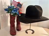 4 Cowboy Hat & stand; faux flower