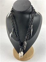 Black Chain Necklace w Silver Leaf Pendants