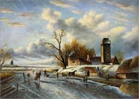 Dutch School Painting of Figure Skaters in Winter.
