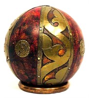 Decorative Burl Wooden Brass & Leather Ball With C
