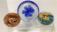 (3) Art glass floral paper weights