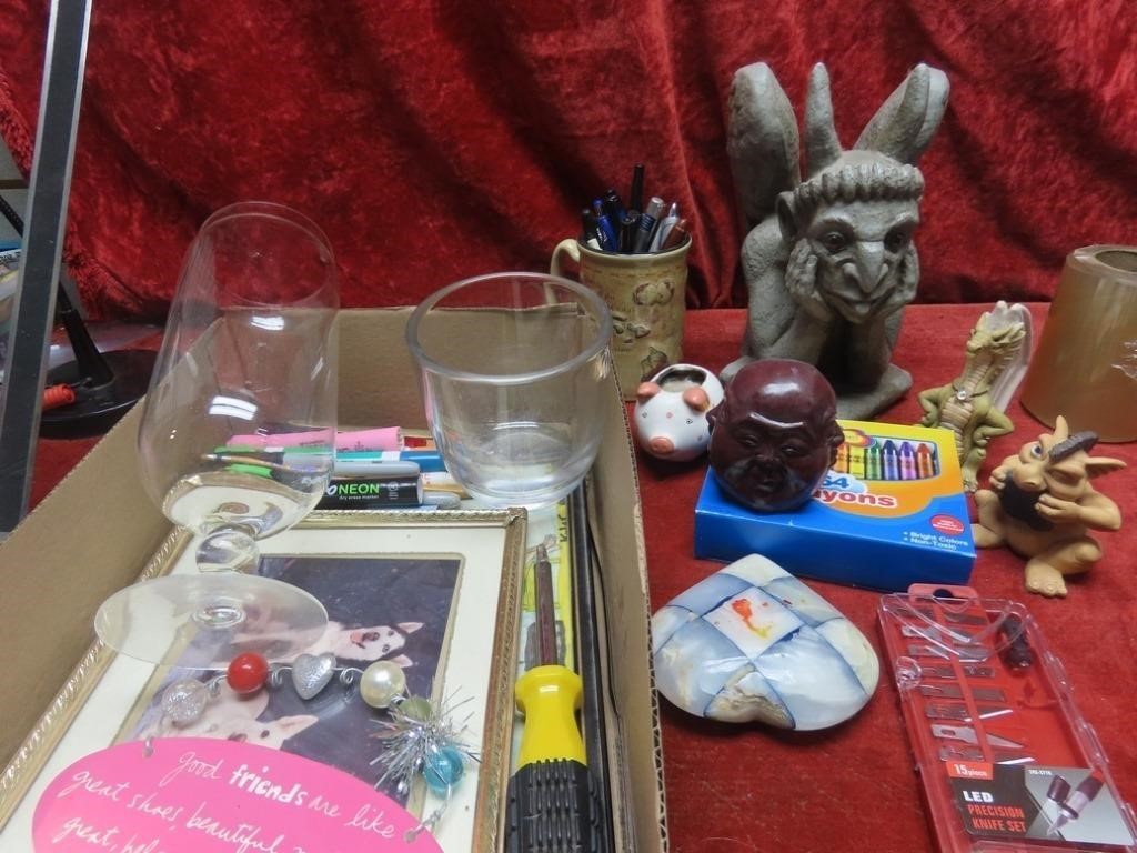 Crayons, gargoyle figure, framed picture. Dragon