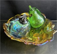 Carnival glass bowl with art glass fruit