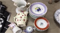Hand painted fruit plates & bowls, 3 creamers and