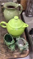 Green Fiesta teapot, 2 frog vases, green pottery