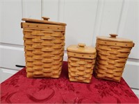 3 longaberger baskets all have liners and lids
